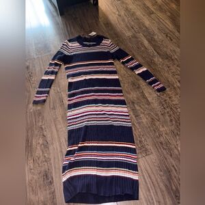 torrid Navy Multicolor Striped Rib-Knit Long Sleeve Midi Dress
